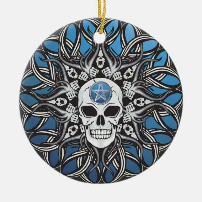 Goth Skull - Blue Ceramic Ornament (Front)
