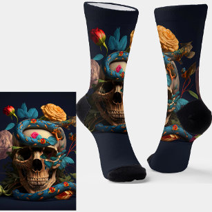 Goth Skull, Blue Snake & Flowers on Blue Socks