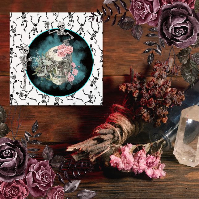 Goth Skull Pink Roses Halloween Square Sticker (Creep it real gothic sticker)