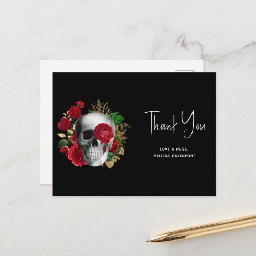 Goth Skull Red Flowers  Gold Leaves _ Thank You Postcard