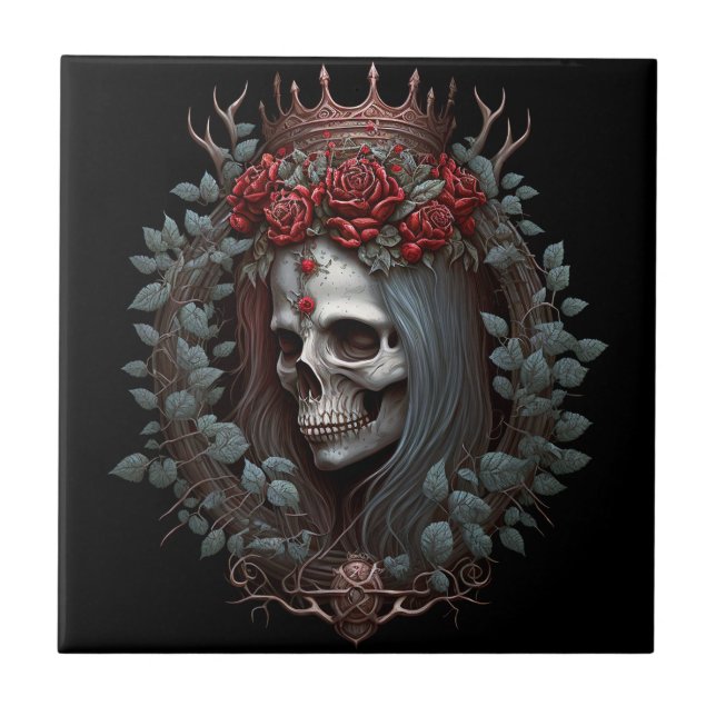 Goth Skull Roses Crown Gothic Ceramic Tile (Front)