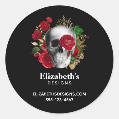 Goth Skull with Red Flowers Business Classic Round Sticker