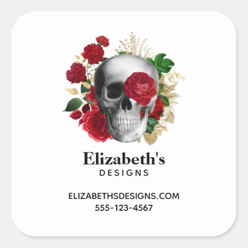 Goth Skull with Red Flowers Business Square Sticker