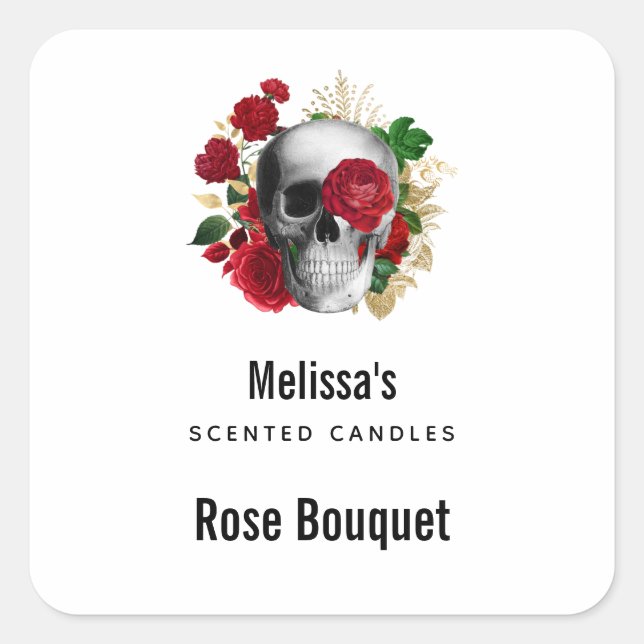 Goth Skull with Red Flowers Candle Biz Square Sticker (Front)
