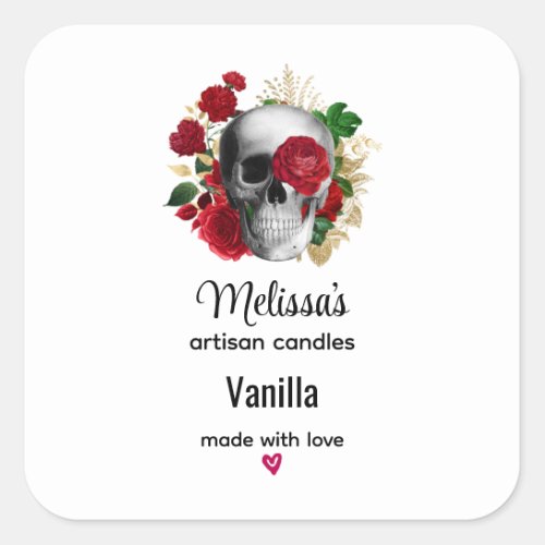 Goth Skull with Red Flowers Candle Business Square Sticker