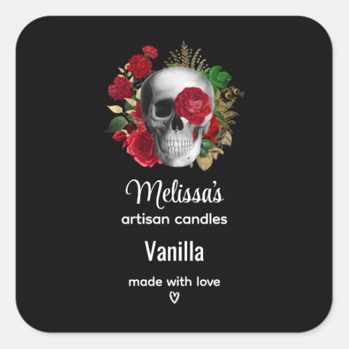 Goth Skull with Red Flowers Candle Business Square Sticker