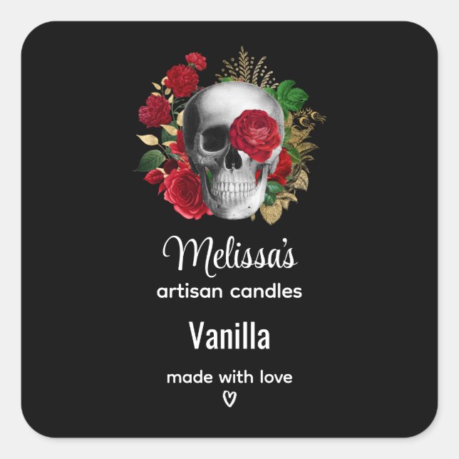 Goth Skull with Red Flowers Candle Business Square Sticker (Front)