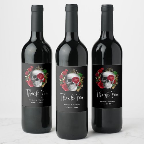 Goth Skull with Red Flowers _  Event Thank You Wine Label