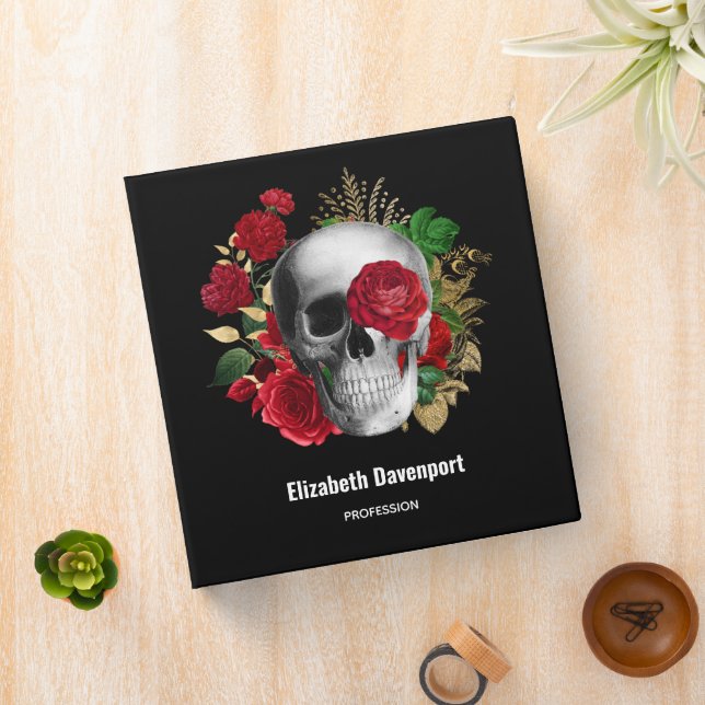 Goth Skull with Red Flowers & Gold Leaves 3 Ring Binder (In Situ)