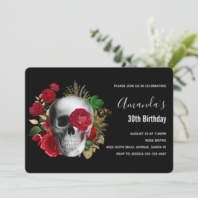 Goth Skull with Red Flowers & Gold Leaves Birthday Invitation (Standing Front)