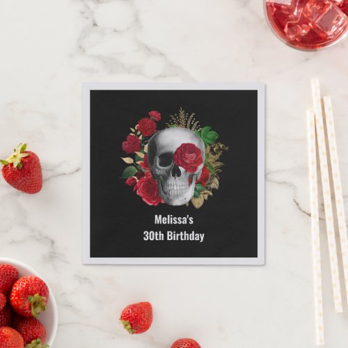 Goth Skull with Red Flowers  Gold Leaves Birthday Napkins
