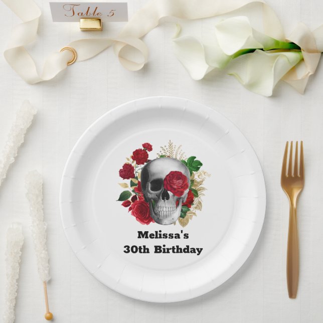 Goth Skull with Red Flowers & Gold Leaves Birthday Paper Plates (Wedding)