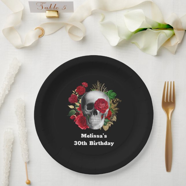 Goth Skull with Red Flowers & Gold Leaves Birthday Paper Plates (Wedding)