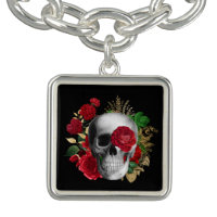 Goth Skull with Red Flowers & Gold Leaves