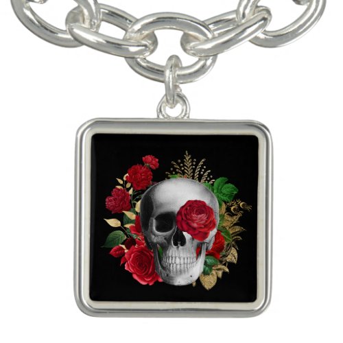 Goth Skull with Red Flowers  Gold Leaves Bracelet