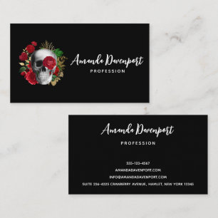 Goth Skull with Red Flowers & Gold Leaves Business Card