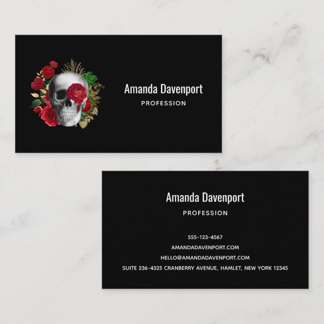 Goth Skull with Red Flowers & Gold Leaves Business Card (Front/Back)