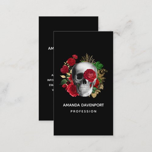 Goth Skull with Red Flowers  Gold Leaves Business Card
