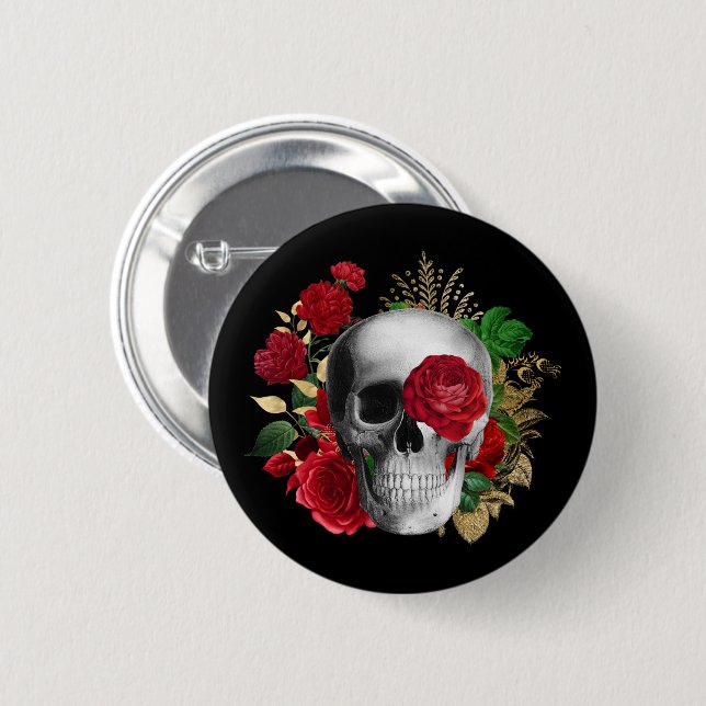 Goth Skull with Red Flowers & Gold Leaves Button (Front & Back)