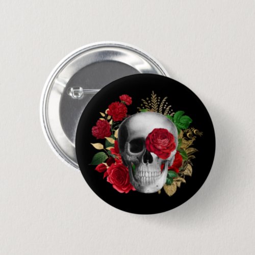 Goth Skull with Red Flowers  Gold Leaves Button