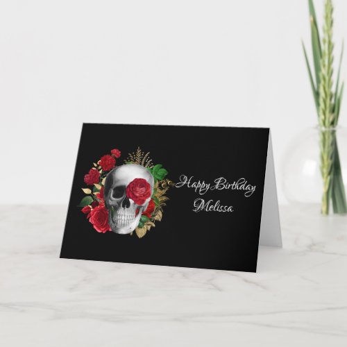 Goth Skull with Red Flowers  Gold Leaves Card