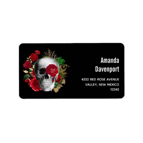 Goth Skull with Red Flowers  Gold Leaves Label