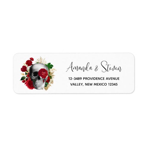 Goth Skull with Red Flowers  Gold Leaves Label