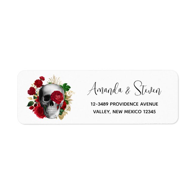 Goth Skull with Red Flowers & Gold Leaves Label (Front)