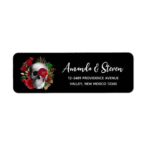 Goth Skull with Red Flowers  Gold Leaves Label