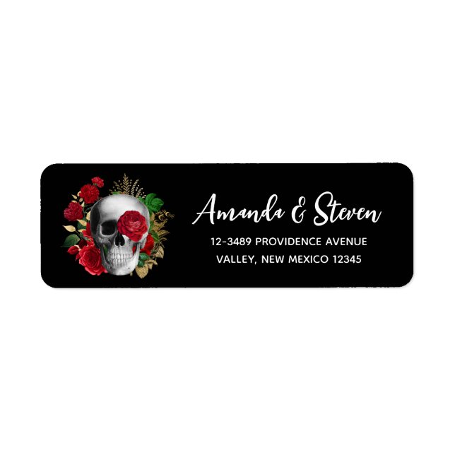 Goth Skull with Red Flowers & Gold Leaves Label (Front)