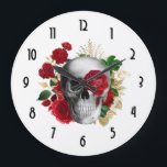 Goth Skull with Red Flowers & Gold Leaves Large Clock<br><div class="desc">A clock with a goth style illustration.  
Beautiful red roses and gold leaves surrounding a black and white skull.</div>