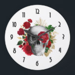 Goth Skull with Red Flowers & Gold Leaves Large Clock<br><div class="desc">A clock with a goth style illustration.  
Beautiful red roses and gold leaves surrounding a black and white skull.</div>