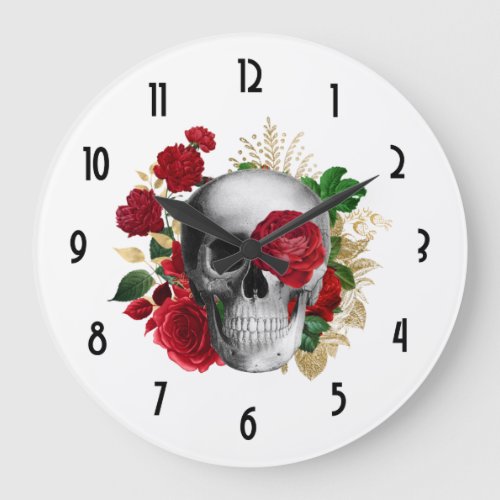 Goth Skull with Red Flowers  Gold Leaves Large Clock