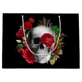 Goth Skull With Red Flowers & Gold Leaves Large Gift Bag by Mirribug at Zazzle