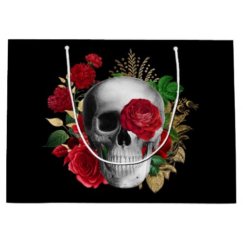 Goth Skull with Red Flowers  Gold Leaves Large Gift Bag