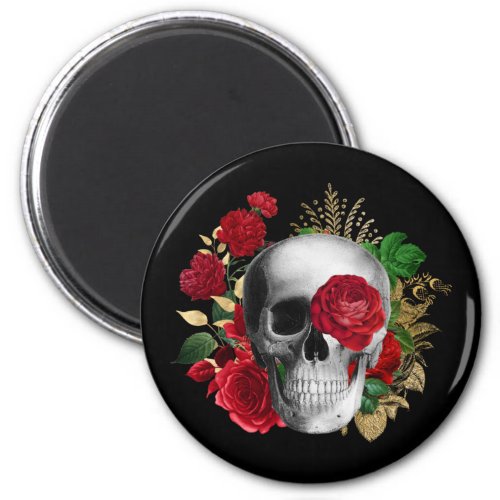 Goth Skull with Red Flowers  Gold Leaves Magnet