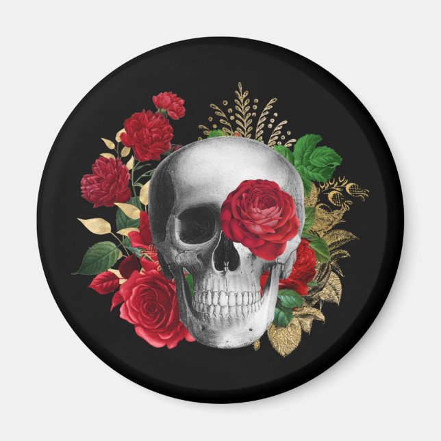 Goth Skull with Red Flowers & Gold Leaves Magnet (Front)