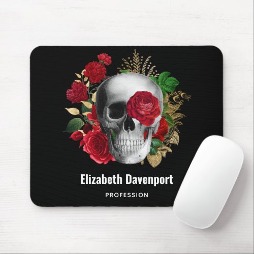 Goth Skull with Red Flowers  Gold Leaves Mouse Pad