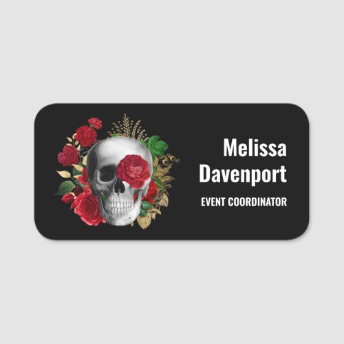 Goth Skull with Red Flowers  Gold Leaves Name Tag