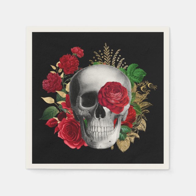 Goth Skull with Red Flowers & Gold Leaves Napkins (Front)