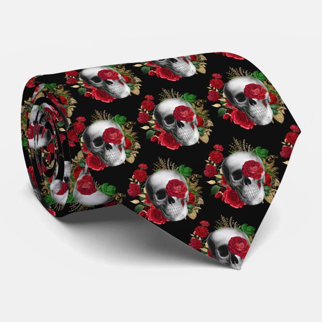 Goth Skull with Red Flowers & Gold Leaves Neck Tie (Rolled)