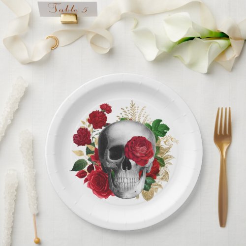Goth Skull with Red Flowers  Gold Leaves Paper Plates