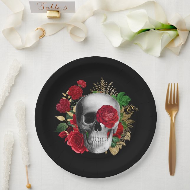 Goth Skull with Red Flowers & Gold Leaves Paper Plates (Wedding)