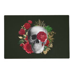 Goth Skull with Red Flowers & Gold Leaves Placemat