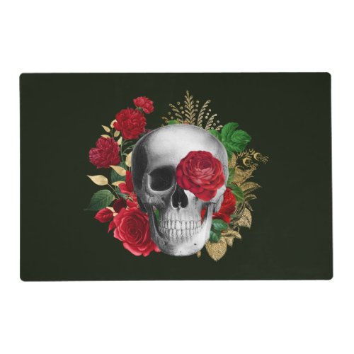 Goth Skull with Red Flowers  Gold Leaves Placemat