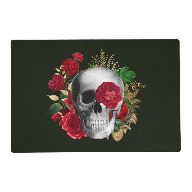 Goth Skull with Red Flowers & Gold Leaves Placemat (Front)