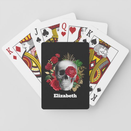 Goth Skull with Red Flowers  Gold Leaves Playing Cards