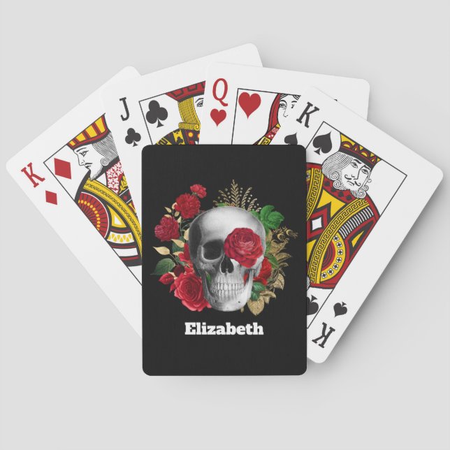 Goth Skull with Red Flowers & Gold Leaves Poker Cards (Back)