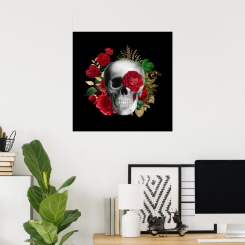 Goth Skull with Red Flowers  Gold Leaves Poster