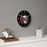 Goth Skull with Red Flowers & Gold Leaves Round Clock<br><div class="desc">A clock with a goth style illustration.  
Beautiful red roses and gold leaves surrounding a black and white skull.</div>